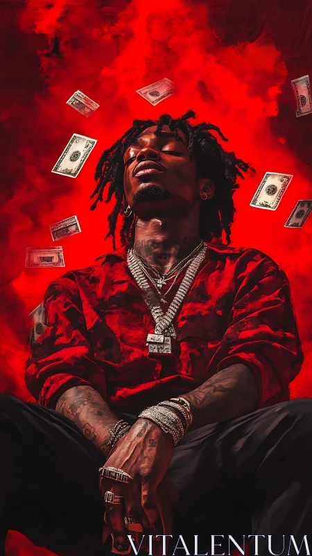 Portrait of seated figure with red background and floating money