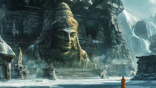 Colossal mountain temple head watches lone monk in snow.