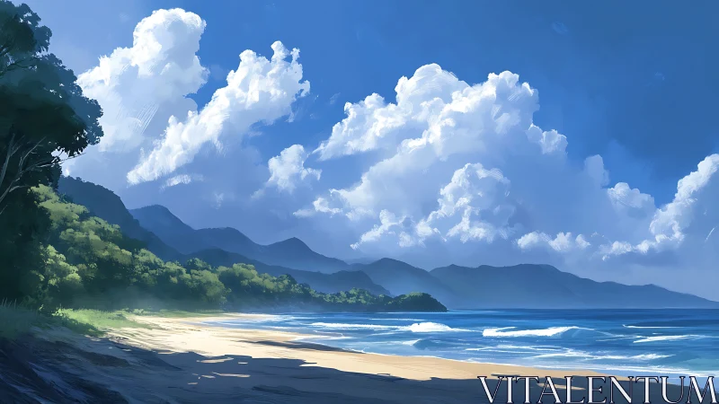 Coastal Landscape with Mountains, Beach, and Cloud Formation