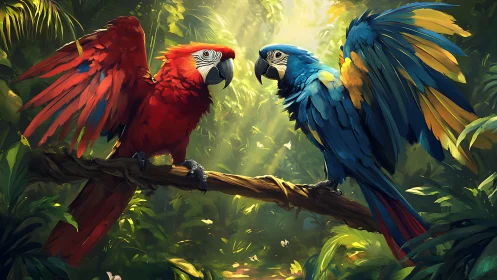 Vibrant Scarlet and Blue Macaws in Lush Jungle Digital Art.