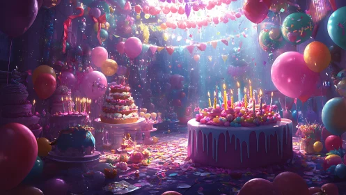 Surreal Birthday Celebration with Luminous Cake and Floating Balloons