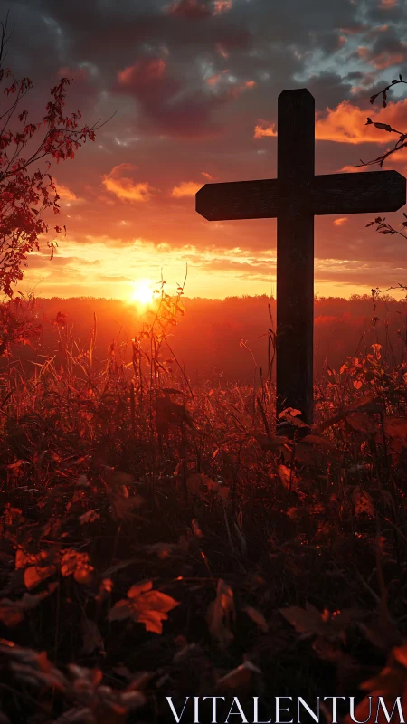 Crimson meadow cross welcomes a fierce, ember-bright sunset.