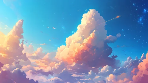 Spectral cumulonimbus panorama with luminous meteor trail.