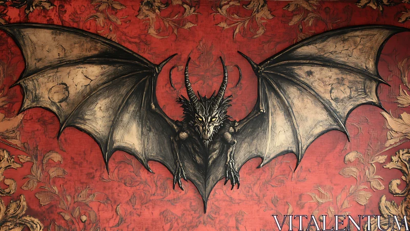 Gothic winged demon rendered against ornate red damask wall