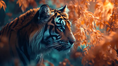 Tiger stalks through teal forest under vivid orange foliage