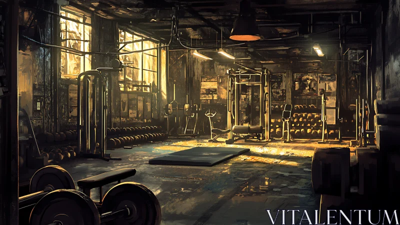 Industrial-style weight training gym interior at sunset.