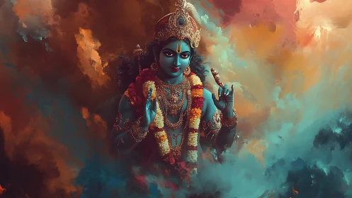 Radiant blue deity floats in swirling clouds of vivid light