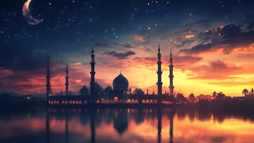 Mosque silhouette reflected in calm water at dusk.