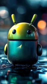 Rain-kissed robo-mascot gleams under neon city drizzle