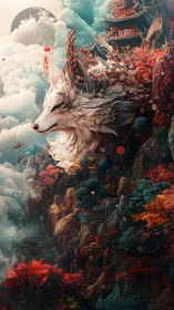 Majestic spirit fox rises above misty temples and autumn cliffs