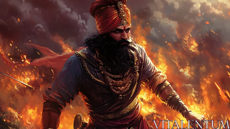 Fire-wreathed Sikh warrior strides through an infernal battlefield