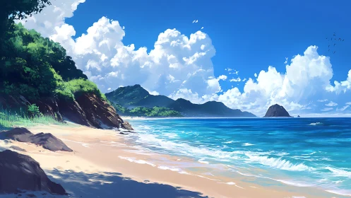 Tropical Beach Cove with Mountain Island.