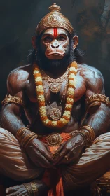 Divine simian warrior seated in ornate golden regalia.