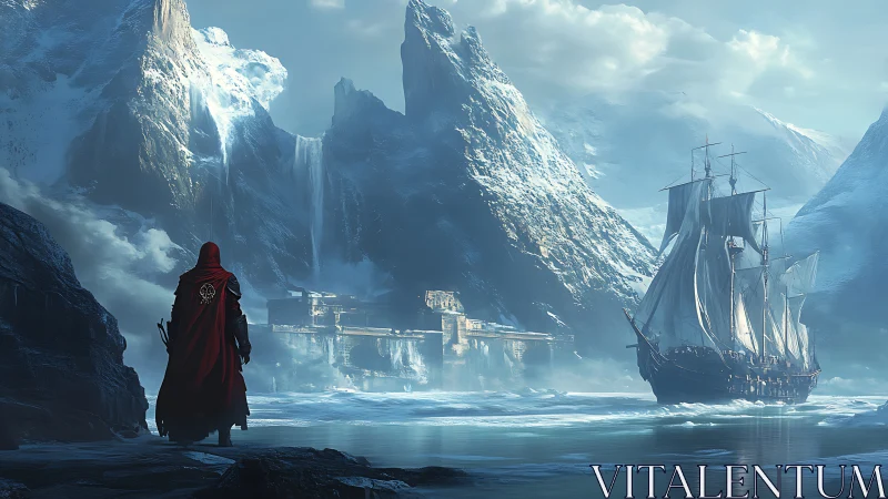 Scarlet wanderer and icebound galleon in a mythic fjord.