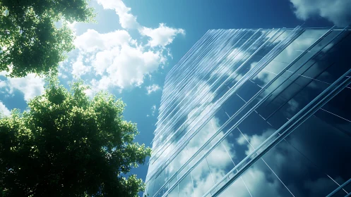 Modern Glass Building Reaches Toward Bright Blue Sky.