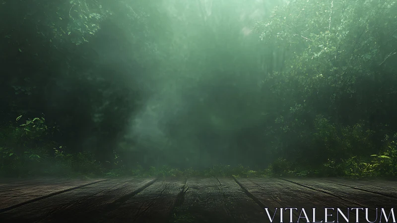 Misty Forest Pathway with Wooden Boardwalk.