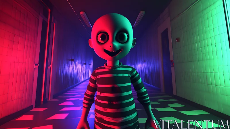 Big-eyed corridor sprite in neon-lit uncanny hallway.