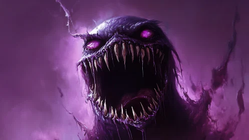 Purple spectral monster opens huge mouth with jagged teeth