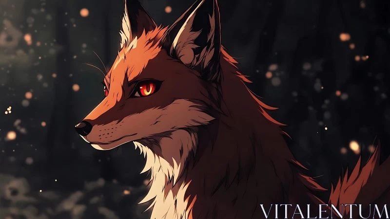 Fox portrait with glowing eyes in dark forest scene.