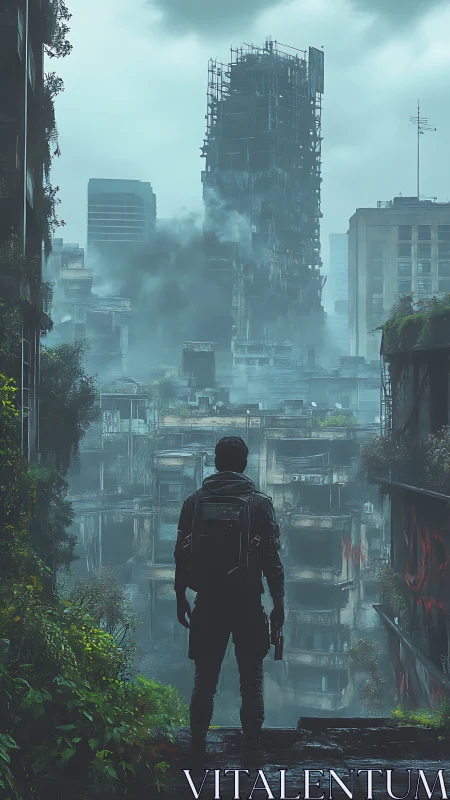 Lone wanderer surveys a drowned, overgrown ruin-city horizon.