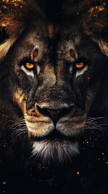 Ember eyed lion king emerging from cosmic midnight shadows.