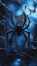 Midnight spider silhouette on icy blue cobweb strands.