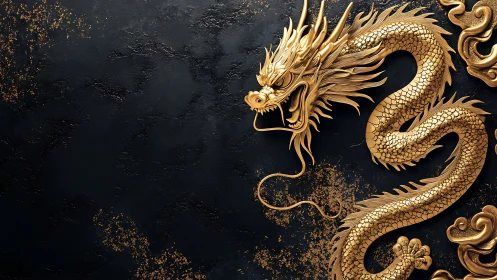 Gold dragon relief on dark textured background wall.