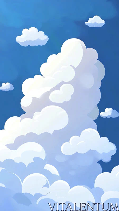 Soft towering clouds drifting across a bright blue sky.