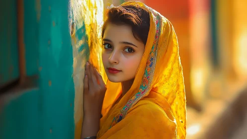 Golden shawl portrait beside teal textured wall in sun.