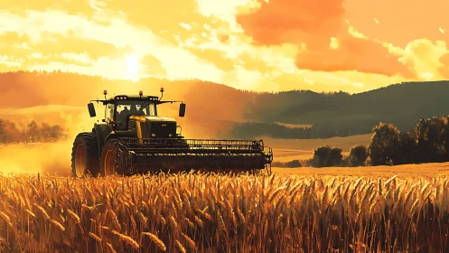 Modern tractor harvesting golden wheat at bright sunset.