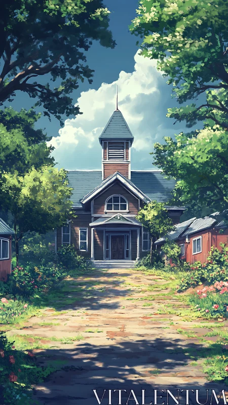 Sunlit rural schoolhouse with tower framed by lush summer trees