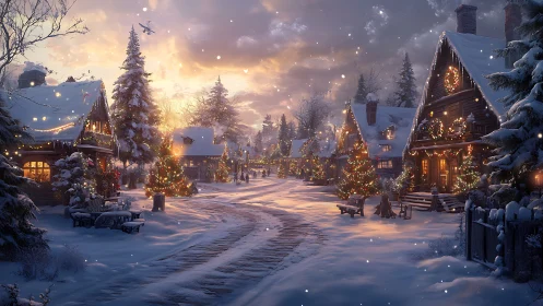 Snow-covered village street with decorated houses at dusk.