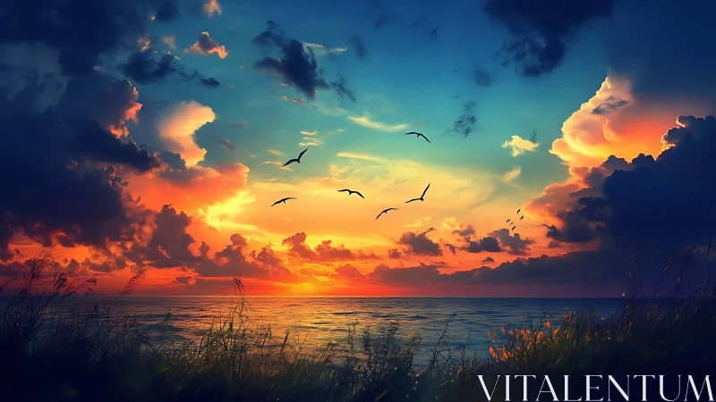 Sunset sky shows glowing clouds over sea horizon and birds
