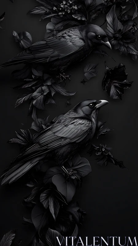 Monochrome corvid pair embedded in high-relief foliage matrix.