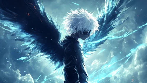 Midnight seraph brooding in electric storm of shattered sky.