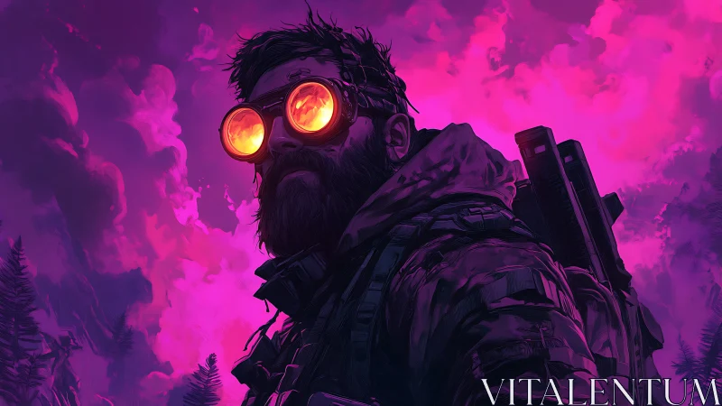 Postapocalyptic scout with glowing goggles in neon storm.