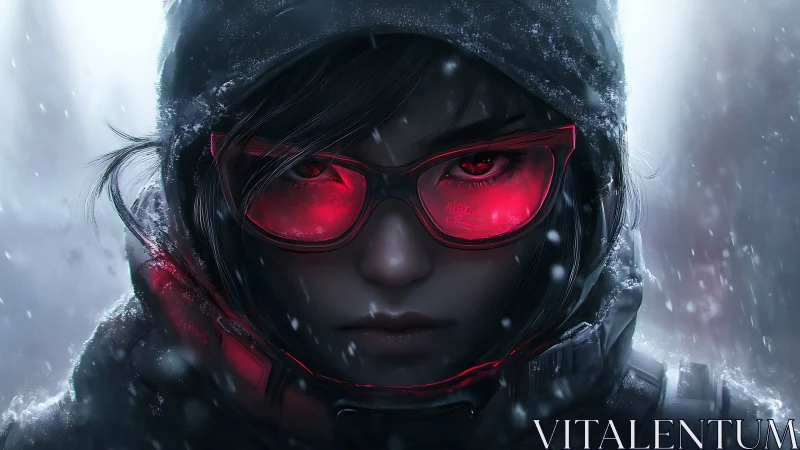 Cybernetic sniper in snowstorm, red HUD visor glare
