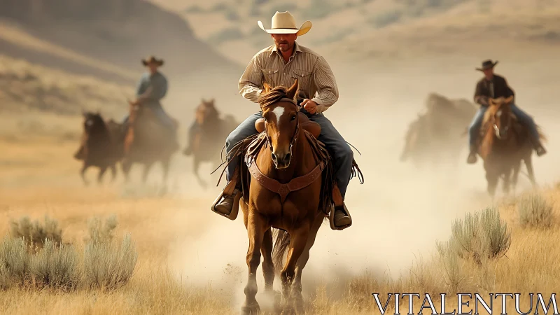 Cowboy leads galloping horses through dusty prairie haze.