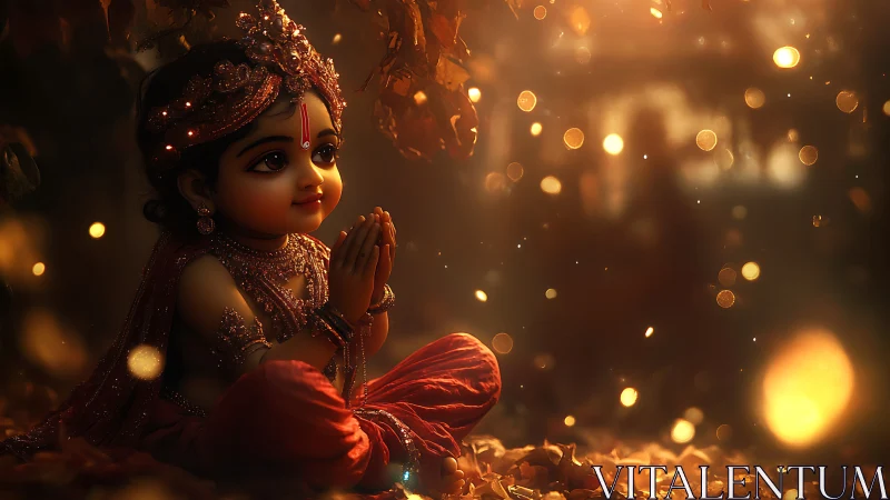Child deity in autumn glow, folded hands amid golden bokeh.