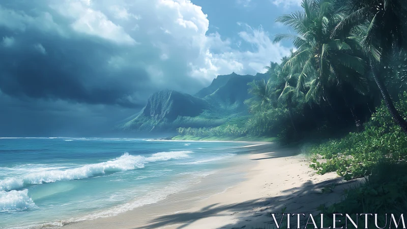 Tropical Paradise Beach with Dramatic Coastline and Lush Vegetation