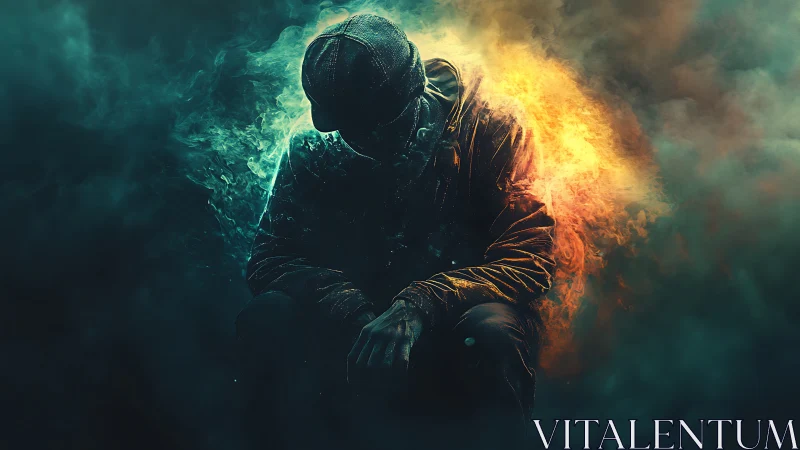 Hooded figure in smoke, split by teal shadow and fire glow.