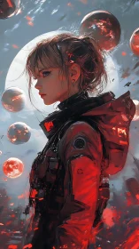 Solitary spacefarer amid crimson orbs and pale moonlight.
