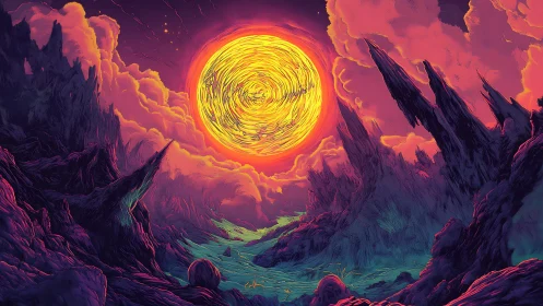 Glowing alien sun over a dreamy neon canyon landscape.