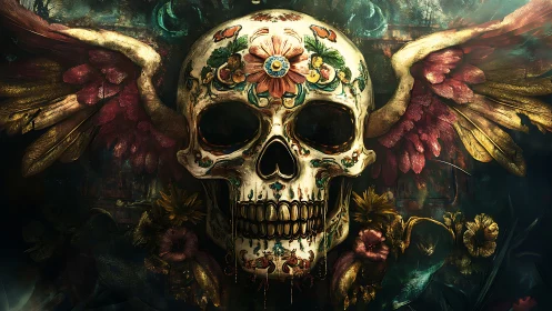 Winged floral skull glowing in a dreamlike twilight bloom.