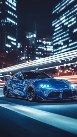 Electric blue sports car slices through neon city night.