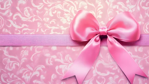 Pink Silk Ribbon Bow on Damask Patterned Gift Wrap. Photorealistic Rendering.