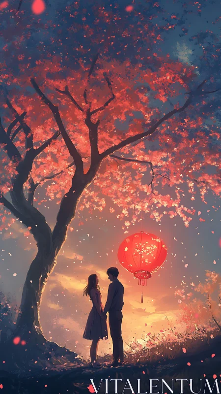 Luminescent Tree with Particle Cascade: Silhouetted Couple Under Glowing Red Lantern