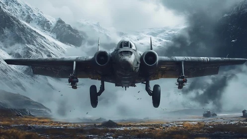 Photorealistic bomber plane over storm-lashed alpine valley.