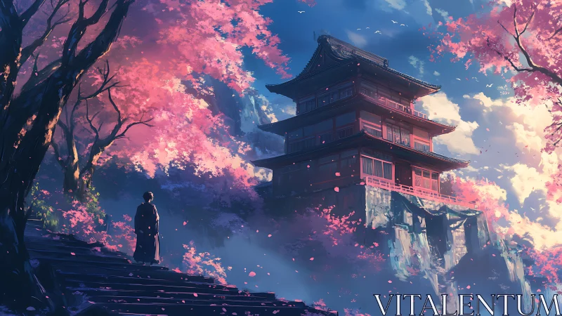 Multi-tier pagoda amid dense cherry blossoms on cliffside.