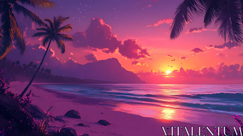 Neon gradient tropical shoreline at sunset with silhouetted palms
